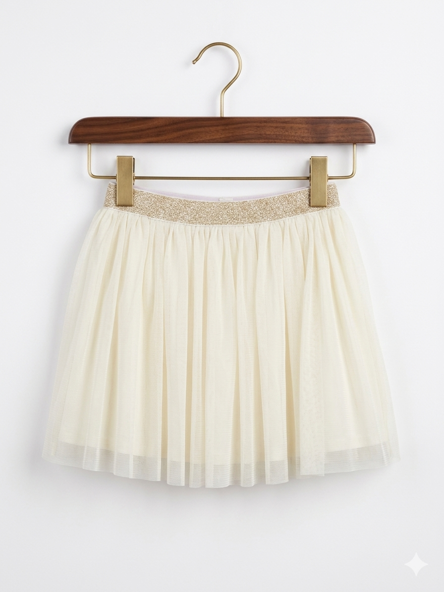Uniqlo Girls' Cream Tulle Skirt with Gold Glitter Waistband - Size S (Estimated 3 - 4 Years) AB1