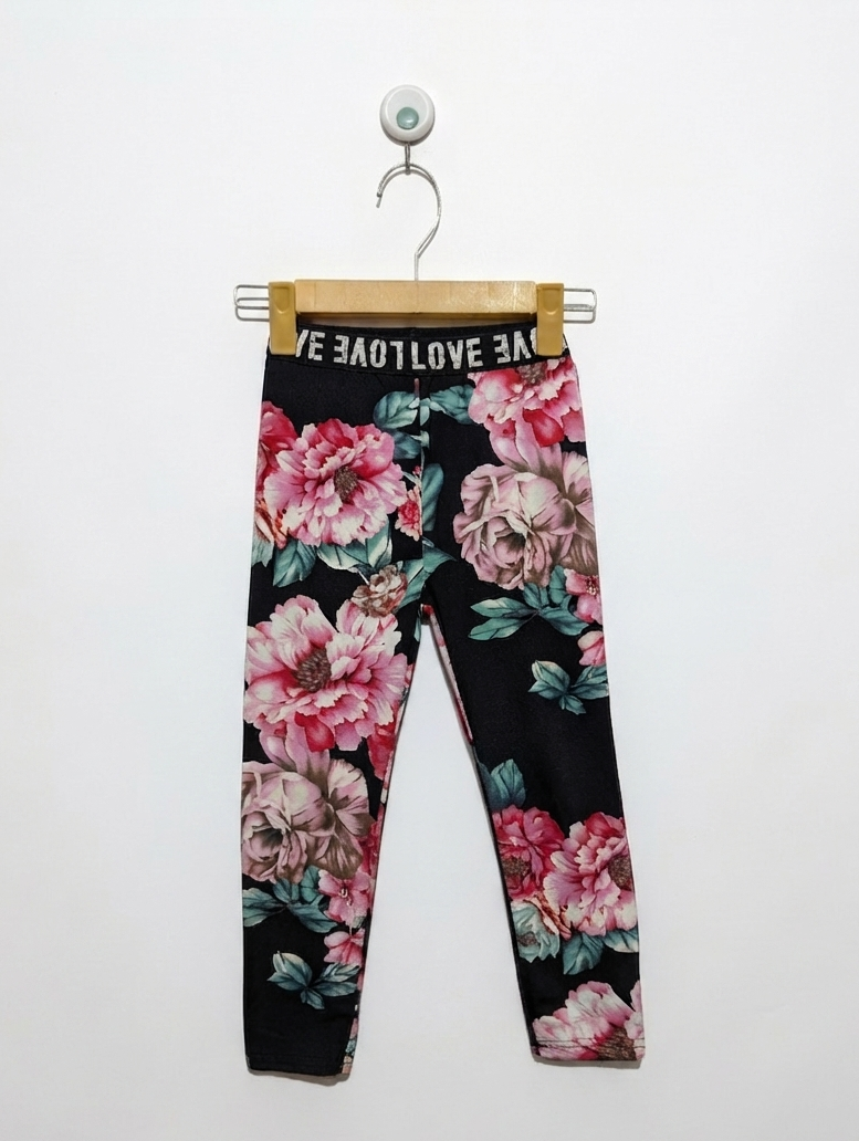 SHEIN Girls Black Floral "LOVE" Waistband Leggings - Size 6Y Estimated Age 6 Years AB2