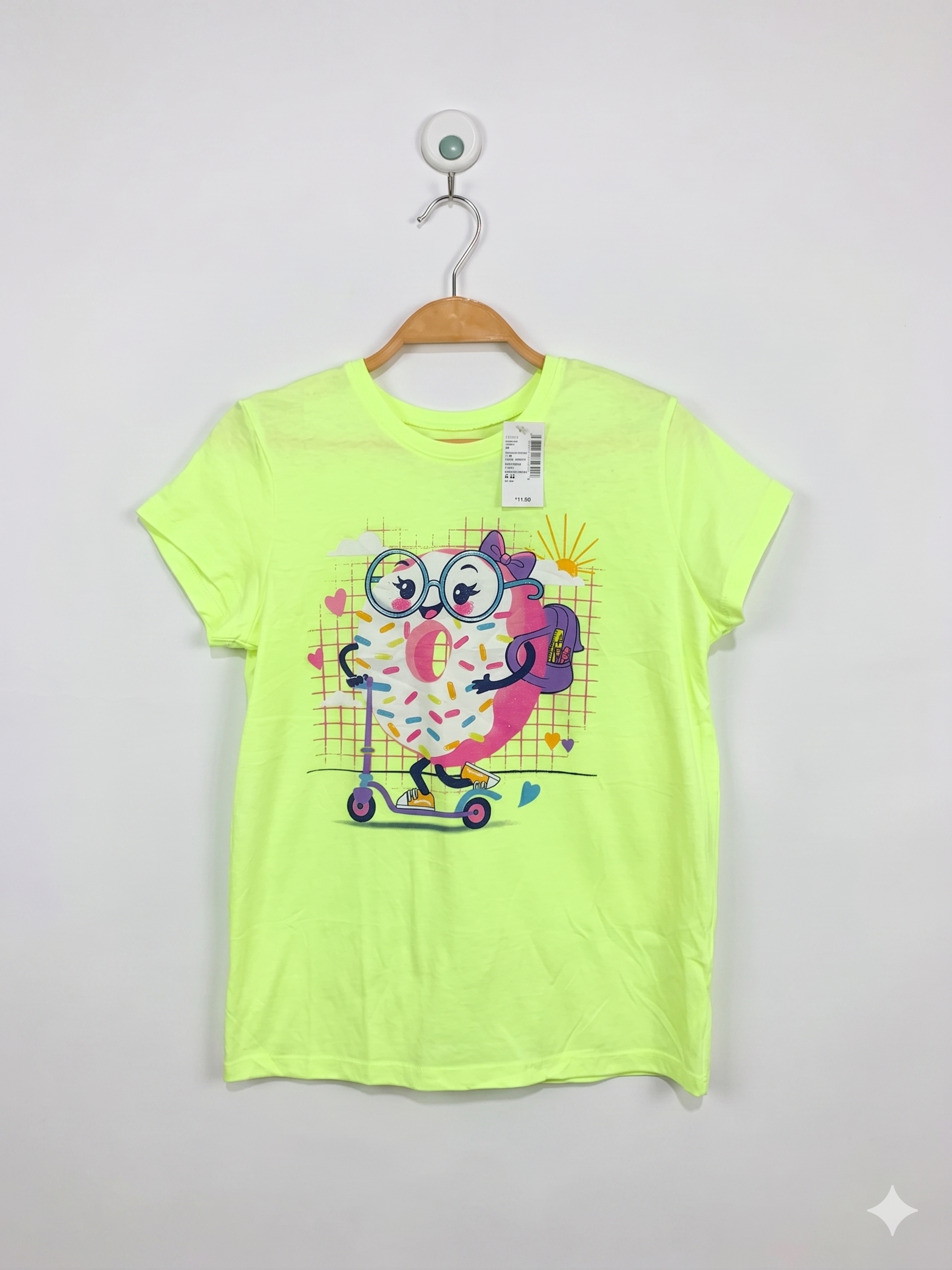 The Children's Place Girls Neon Yellow "Donut on a Scooter" Graphic Tee - Size L (10-12) AB1