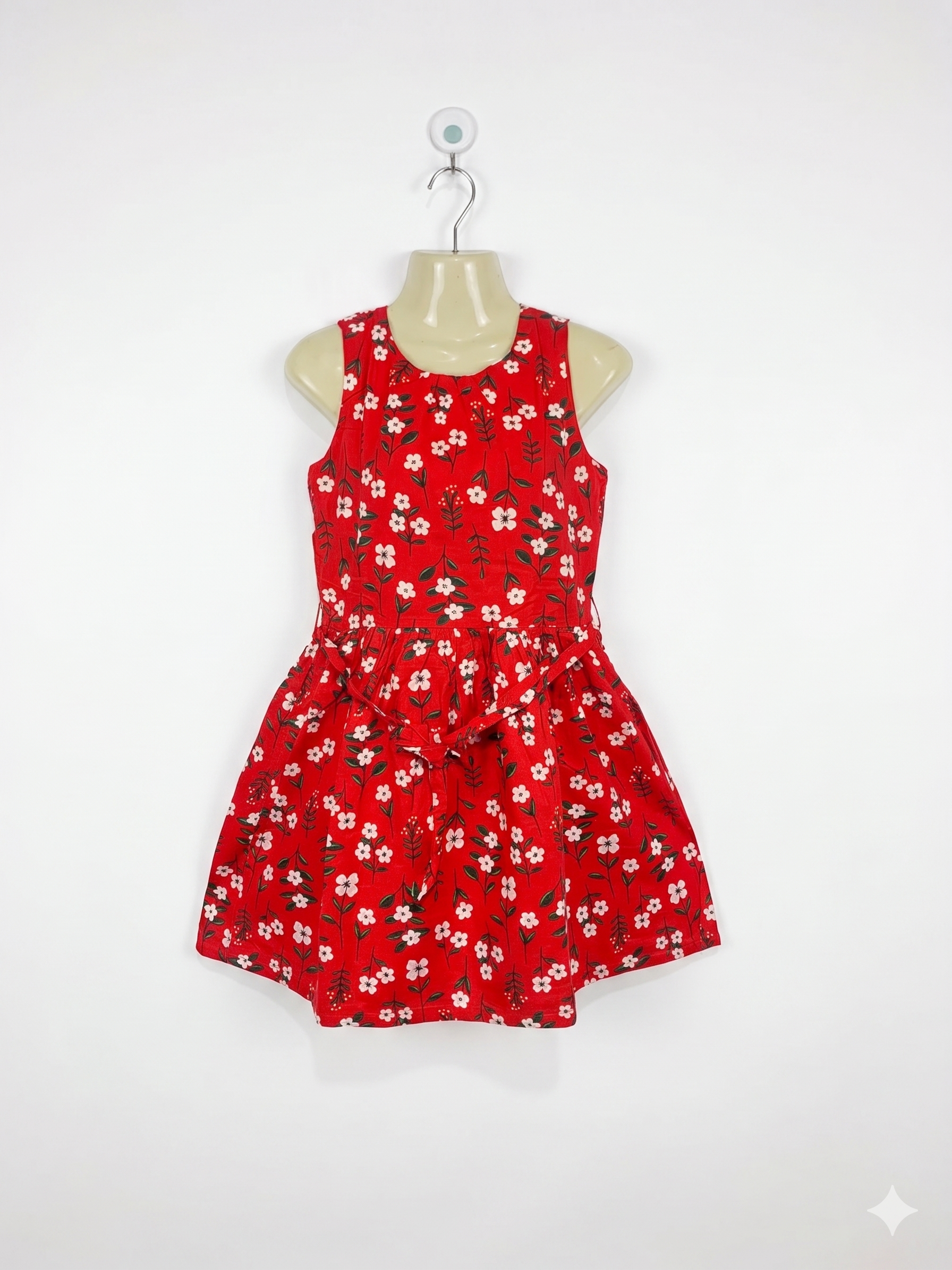 Carter's Kid Girls Red Floral Sleeveless Skater Dress with Tie-Belt - Size 12 Estimated Age 12 Years AB1