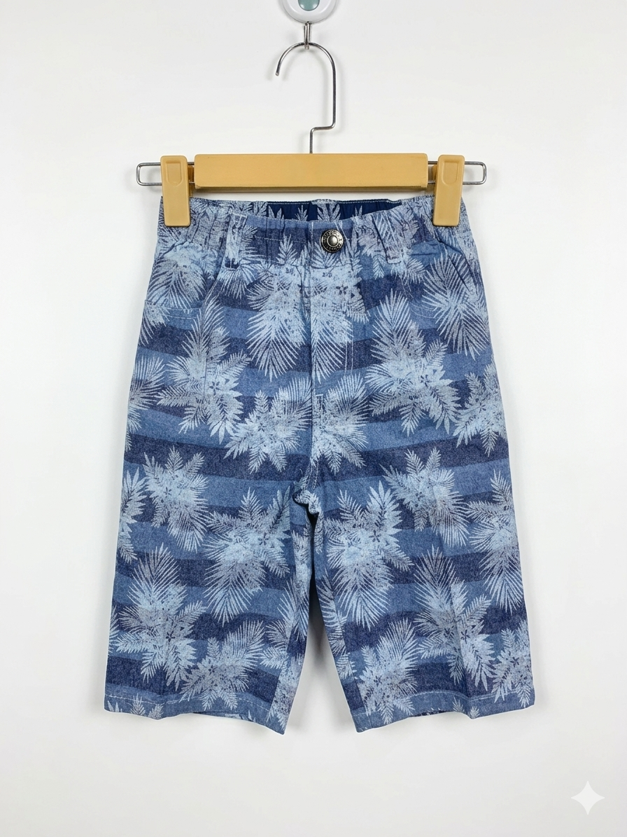 Boys Blue "Tropical Palm" Striped Denim Deck Shorts - Size Estimated Age 9-10 Years AB1