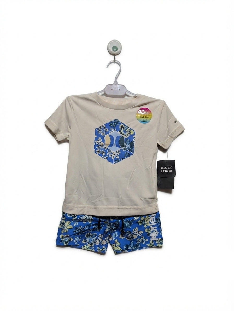 Hurley Boys Cream & Blue Tropical Print 2-Piece Swim Set - Size Estimated Age 2T AB2
