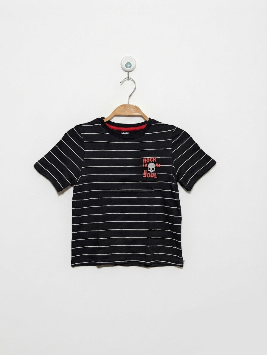 Kiabi Boys Black & White Striped "Rock" Graphic Tee - Size 6A (Estimated Age 6 Years) AB2