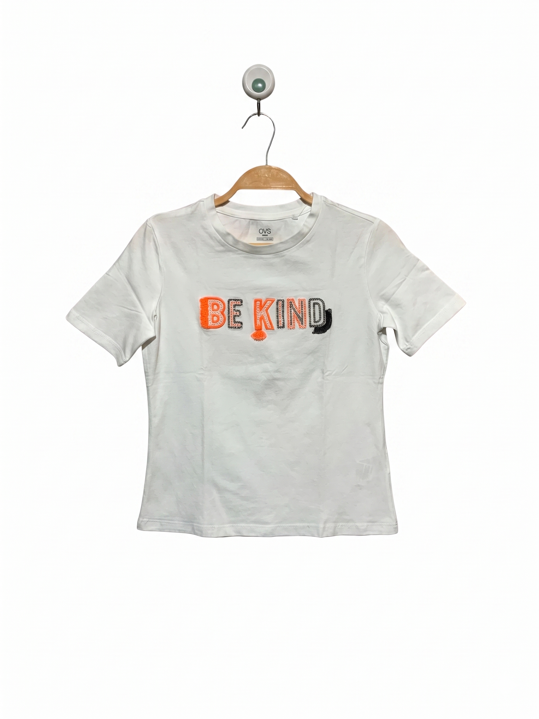 OVS Kids Girls White "BE KIND" Mixed-Media Embellished Graphic Tee - Size Estimated Age 11-12 Years AB1