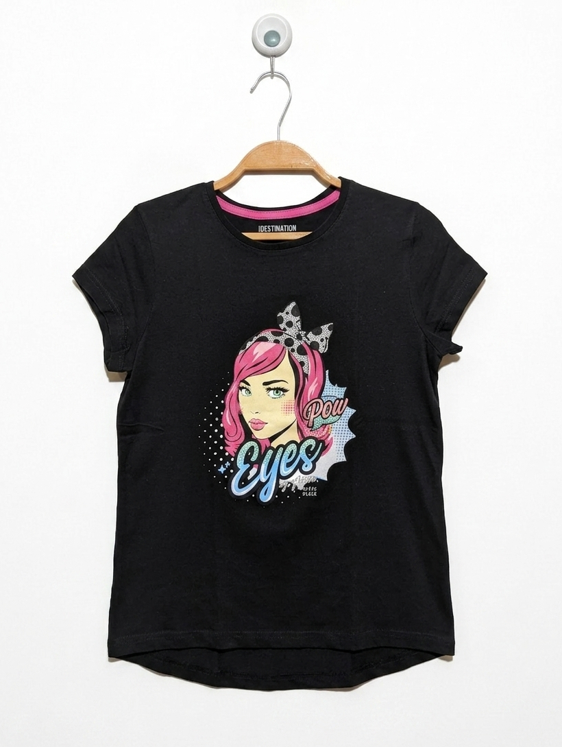 Destination Girls Black "Pow Eyes" Graphic Tee - Size 146/152 Estimated Age 10-12 Years AB2