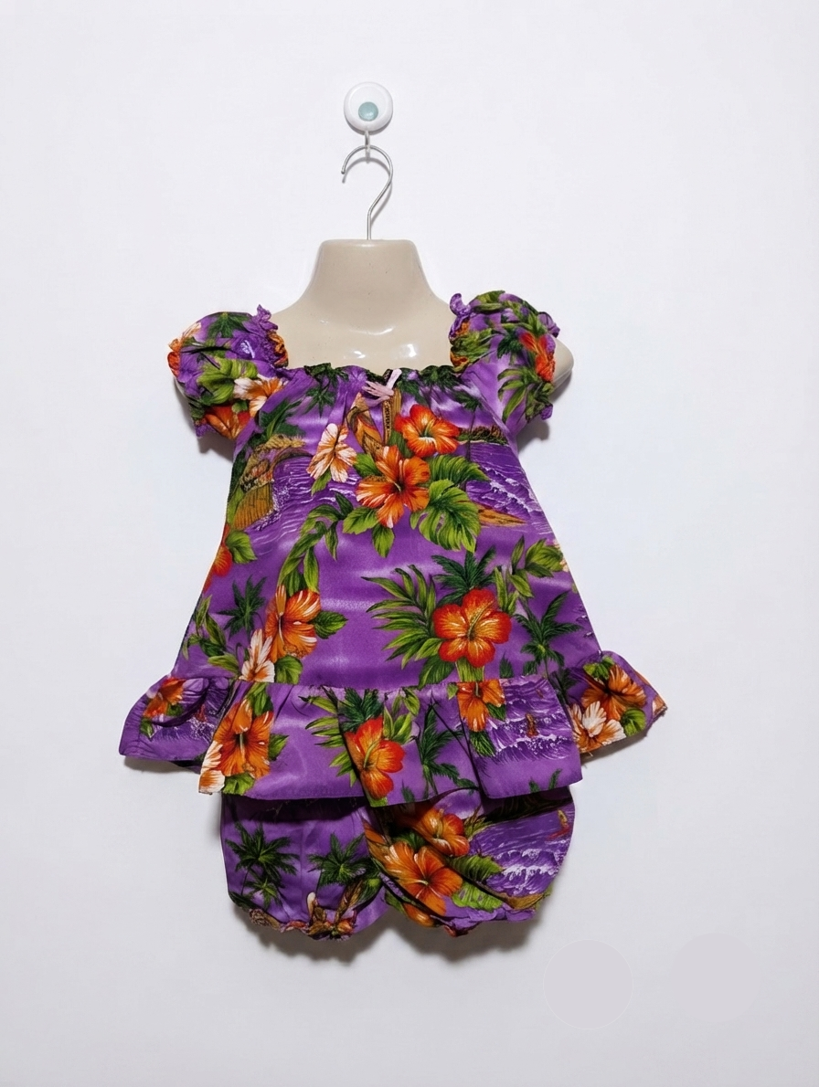 Koko Keiki Hawaii Girls Purple Tropical Hibiscus Ruffle Top and Bloomers Set - Size Estimated Age 18 Months AB2