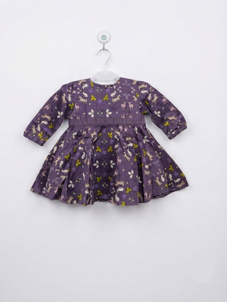 name it. Baby Girls Purple Woodland Animal Print Long Sleeve Dress - Size Estimated Age 6-9 Months AB2