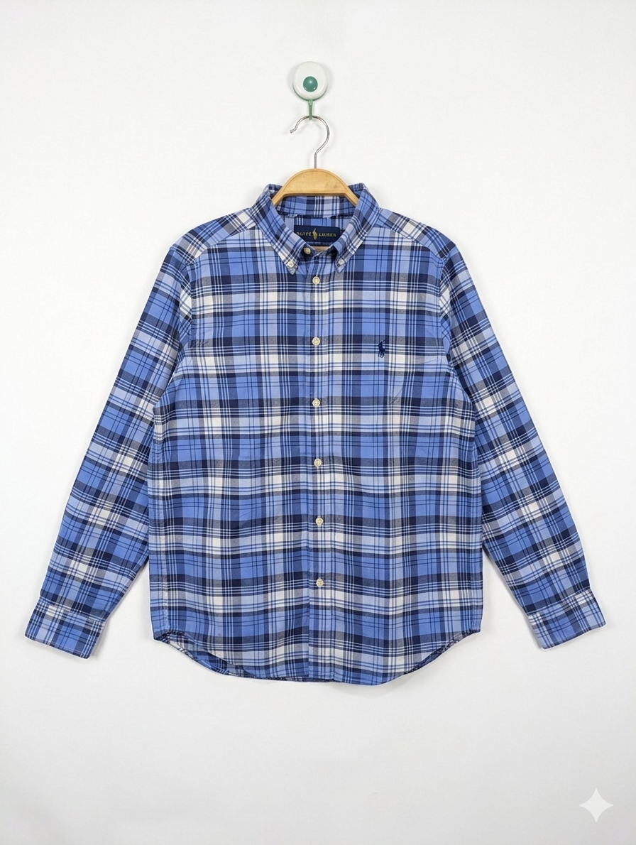 Ralph Lauren Boys Blue Plaid Button-Down Long Sleeve Shirt - Size L (14-16) AB1
