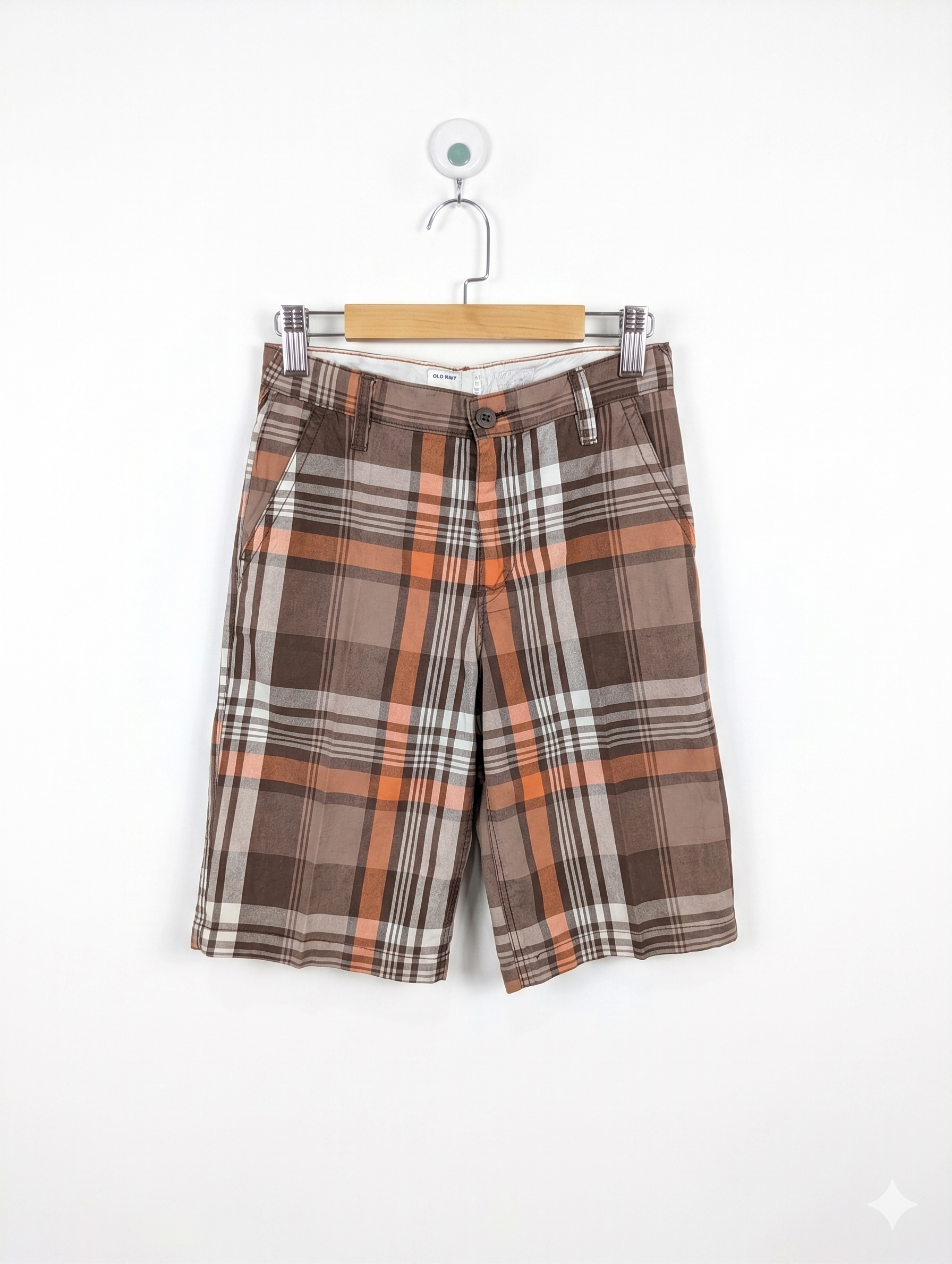 Old Navy Boys Brown Plaid Chino Shorts - Size Tag 14 Estimated Age 14 Years AB1