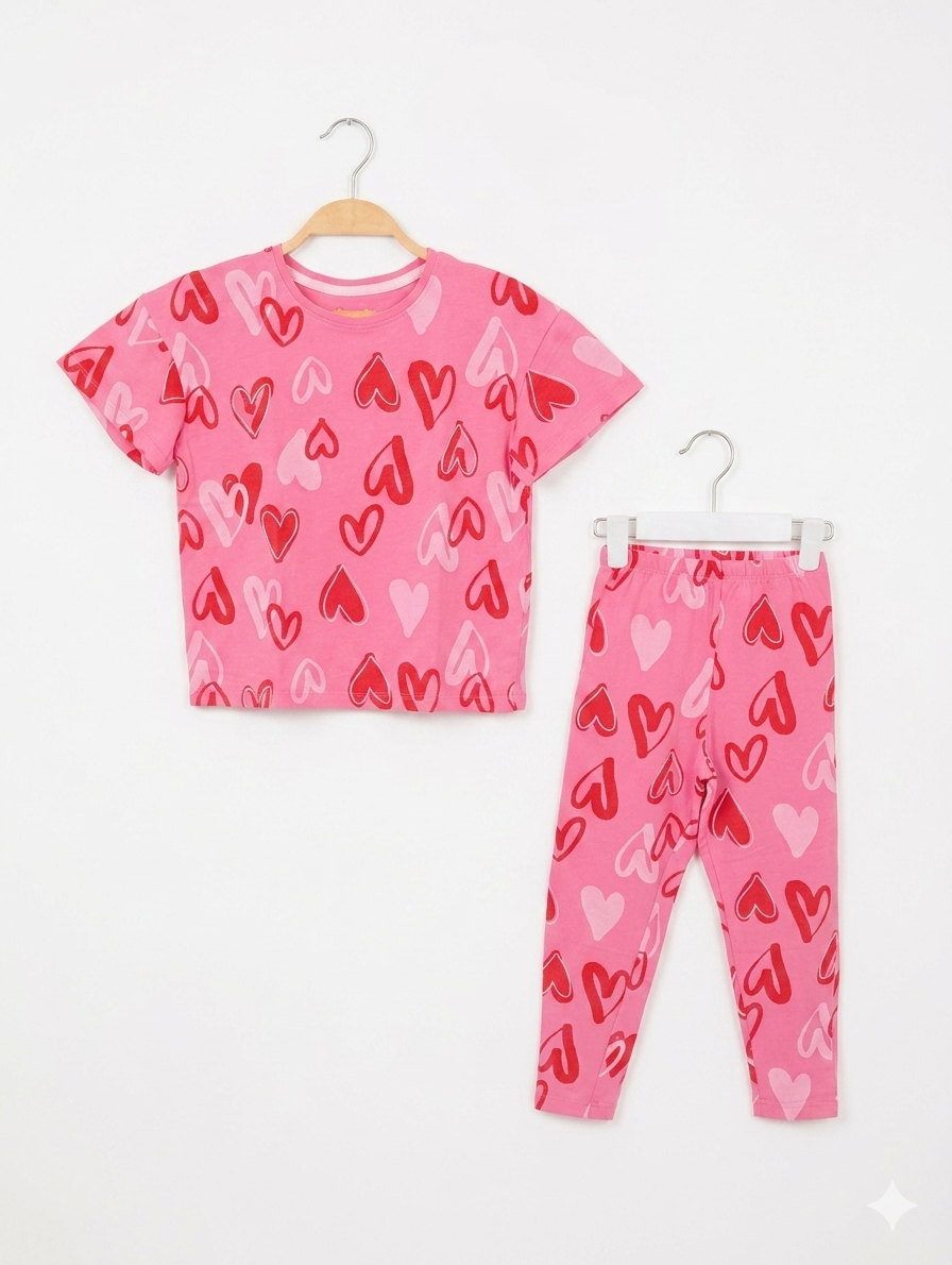 Matalan Girls Pink "Self Love" Heart Print Lounge Set - Size 6 Years AB1