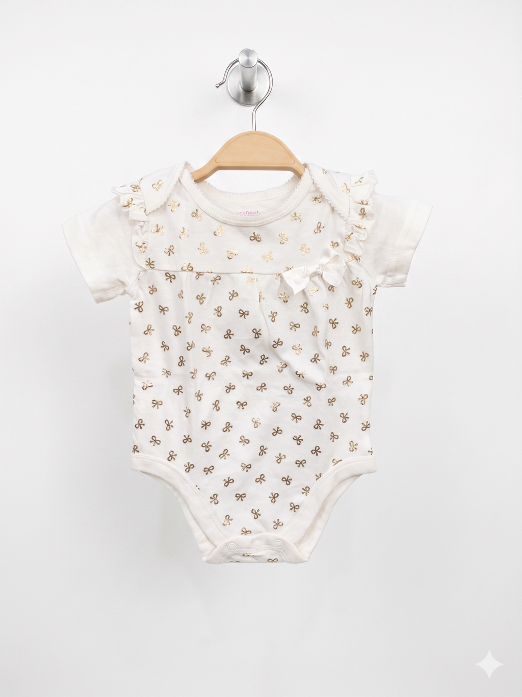 Baby girl bodysuit, Garanimals infant clothes, gold bow baby outfit, flutter sleeve onesie, 3-6 months baby girl, thrifted baby clothes, white and gold infant bodysuit.