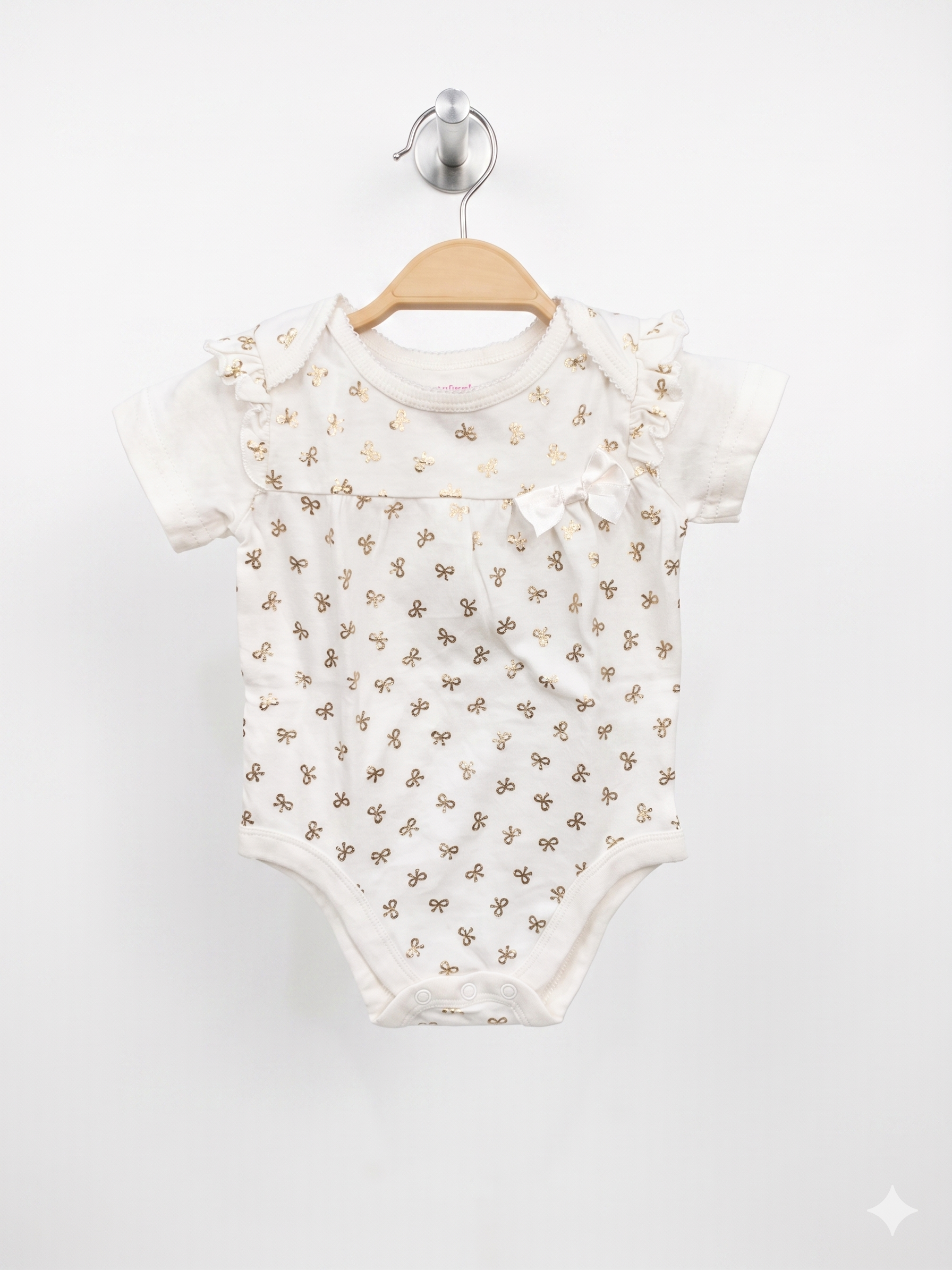 Baby girl bodysuit, Garanimals infant clothes, gold bow baby outfit, flutter sleeve onesie, 3-6 months baby girl, thrifted baby clothes, white and gold infant bodysuit.
