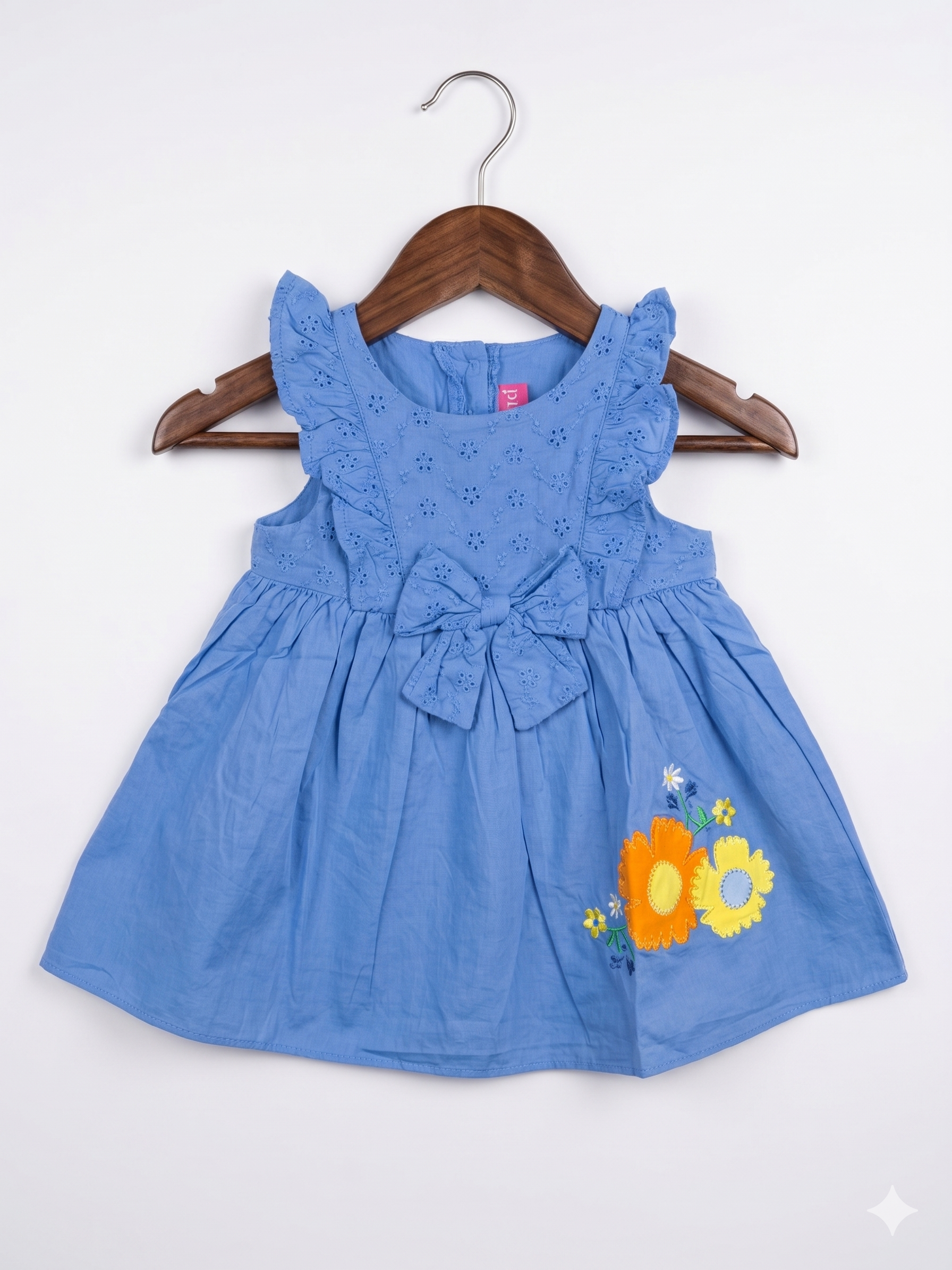 Goodlad Baby Girls Blue Eyelet Ruffle Dress with Floral Embroidery - Size 24M (Estimated 2 Years Old) AB1