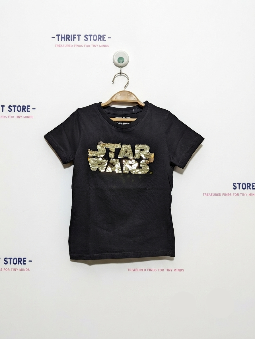 Star Wars Girls Black Sequin "Star Wars" Short Sleeve T-Shirt - Size 4A Estimated Age 4 Years AB2