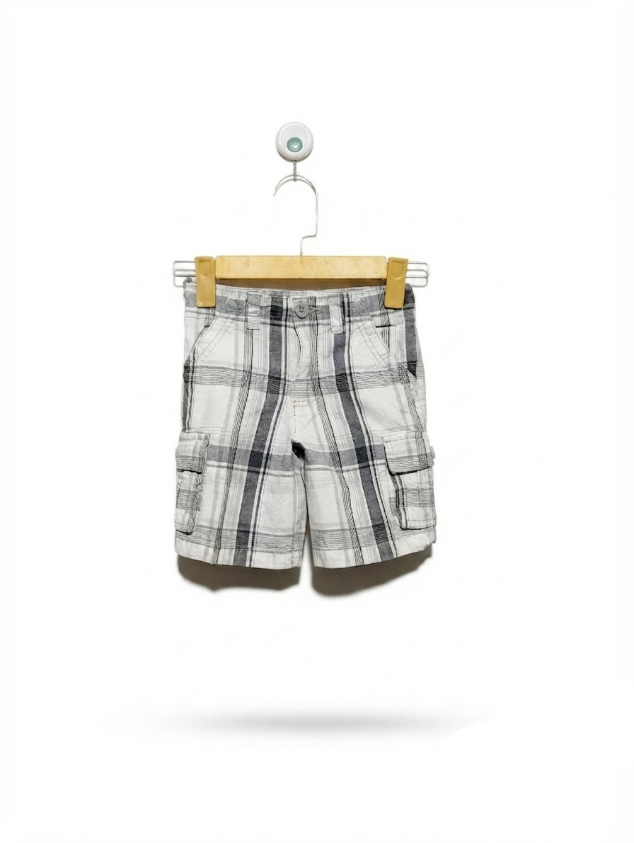 Healthtex Boys White & Grey Plaid Utility Cargo Shorts - Size 3T Estimated Age 3 Years AB2