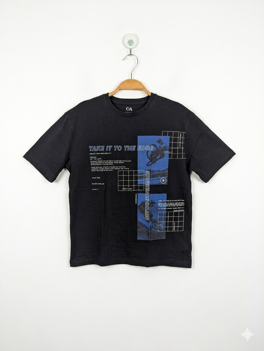 C&A Boys Black "Take It To The Edge" Graphic Short Sleeve Tee - Size 158 Estimated Age 13 Years AB1