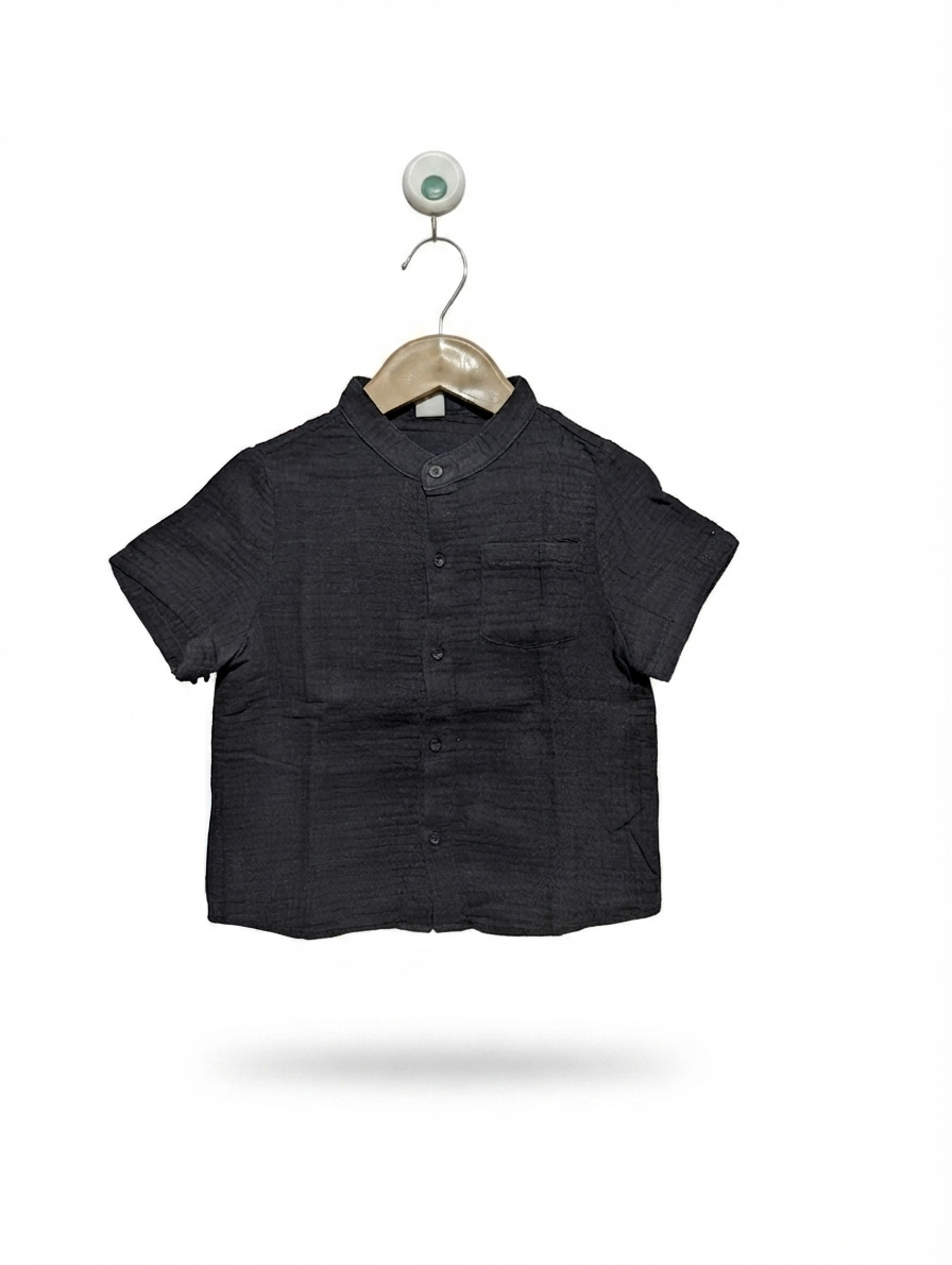SHEIN Boys Dark Charcoal Grey Mandarin Collar Short Sleeve Button-Down Shirt - Size Estimated Age 2-3 Years AB2
