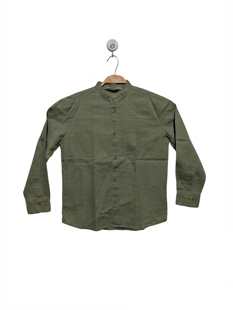 H&M Boys Olive Green Mandarin Collar Long-Sleeve Shirt - Size Estimated Age 8-9 Years AB2