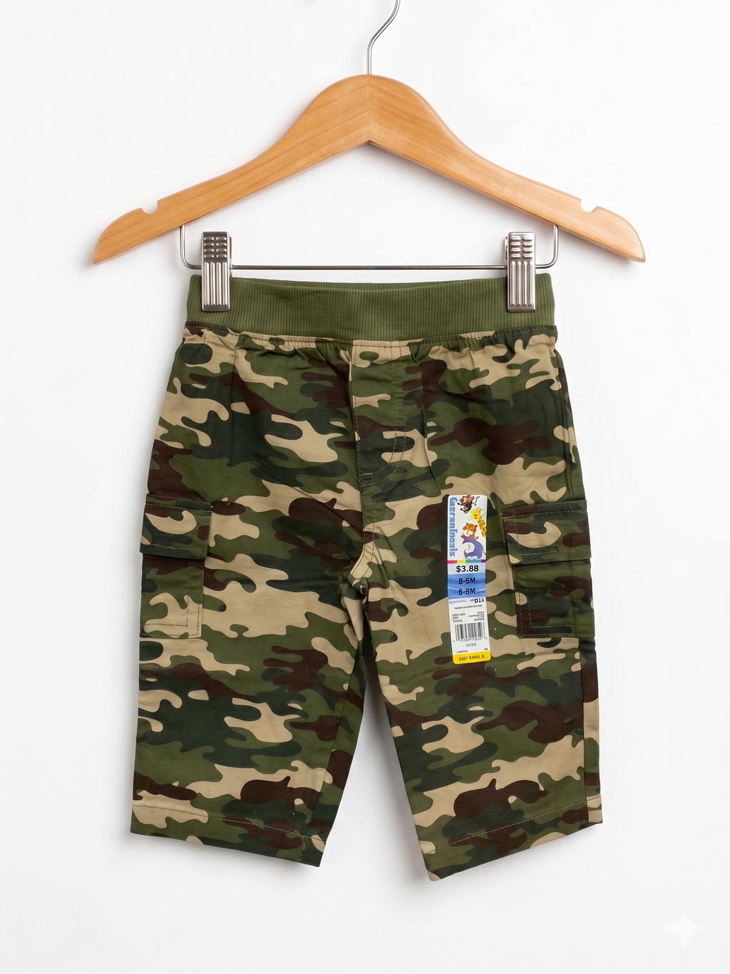 Front view of Garanimals baby boys camouflage cargo pants with tags for 6-9 months.