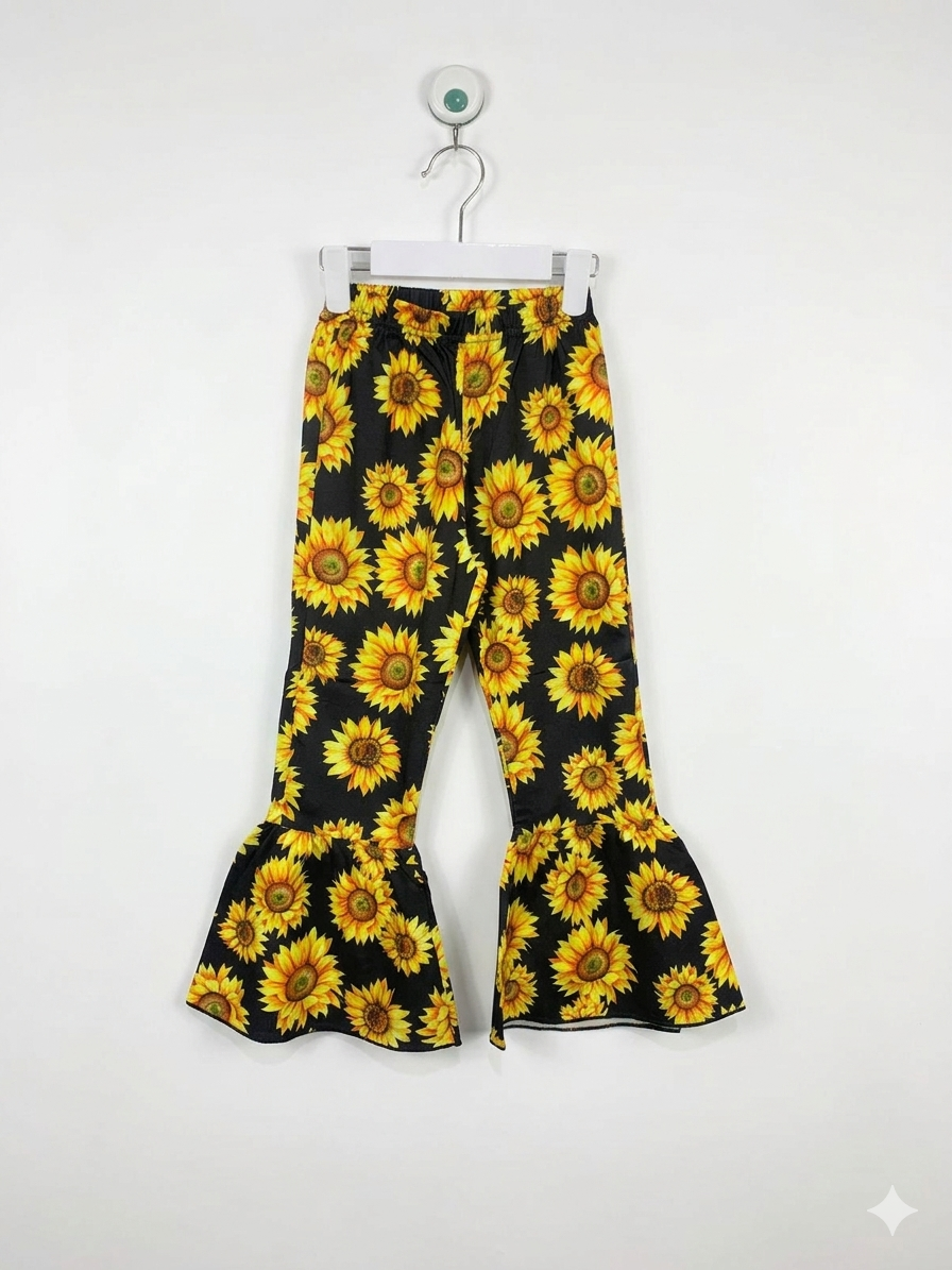 SHEIN Girls' Sunflower Print Ruffle Bell-Bottom Leggings - Size 5 Years AB1