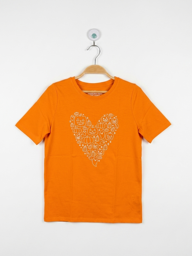 Cat & Jack Girls Orange "Pumpkin Heart" Graphic Tee - Size Estimated Age 10-12 Years AB2