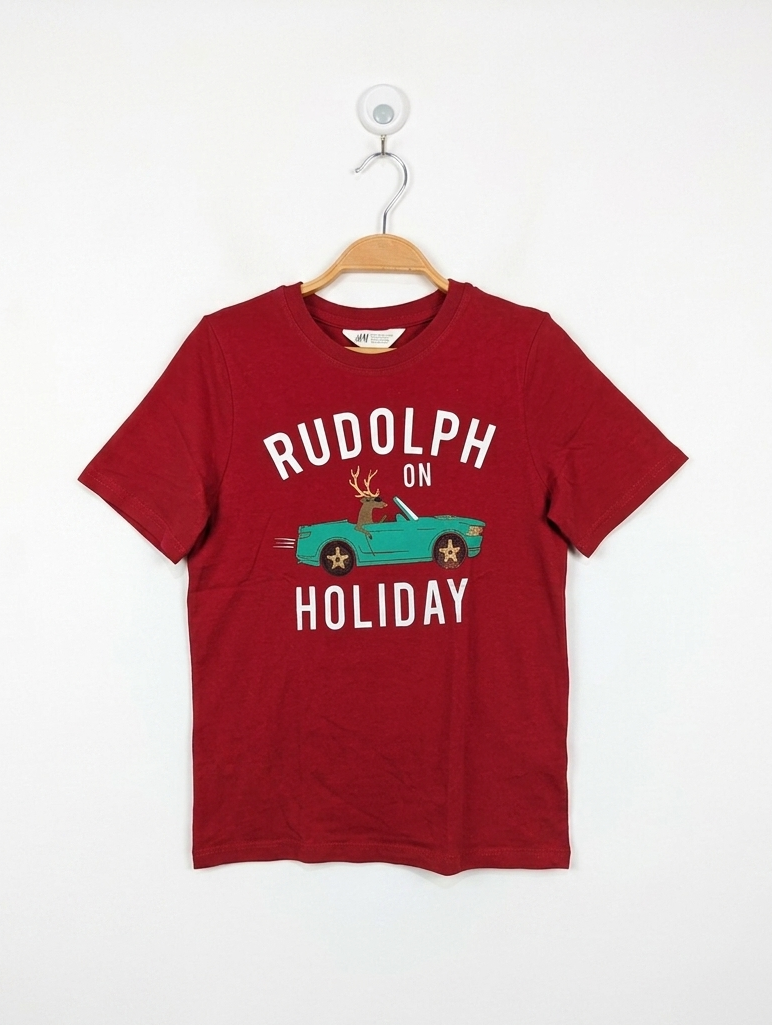 H&M Girls Red "Rudolph on Holiday" Graphic Tee - Size 8-10 Years (Estimated Age 8-10 Years) AB2