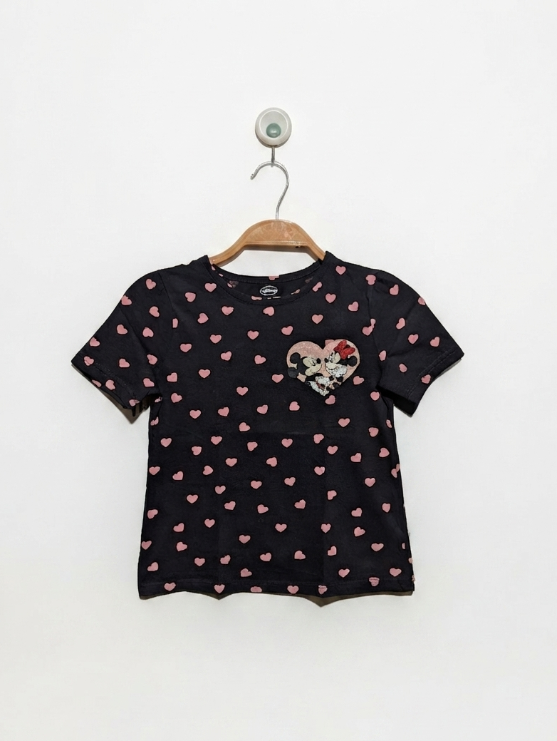 Disney Girls Black Minnie Mouse Heart Print Tee - Size 122 cm (Estimated Age 6-7 Years) AB2