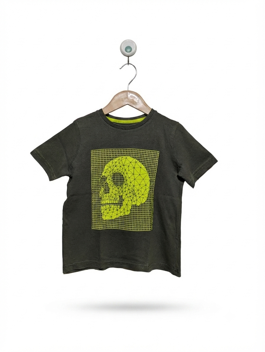 Tu Boys Khaki Green "Neon Grid Skull" Graphic Tee - Size Estimated Age 4 Years AB2