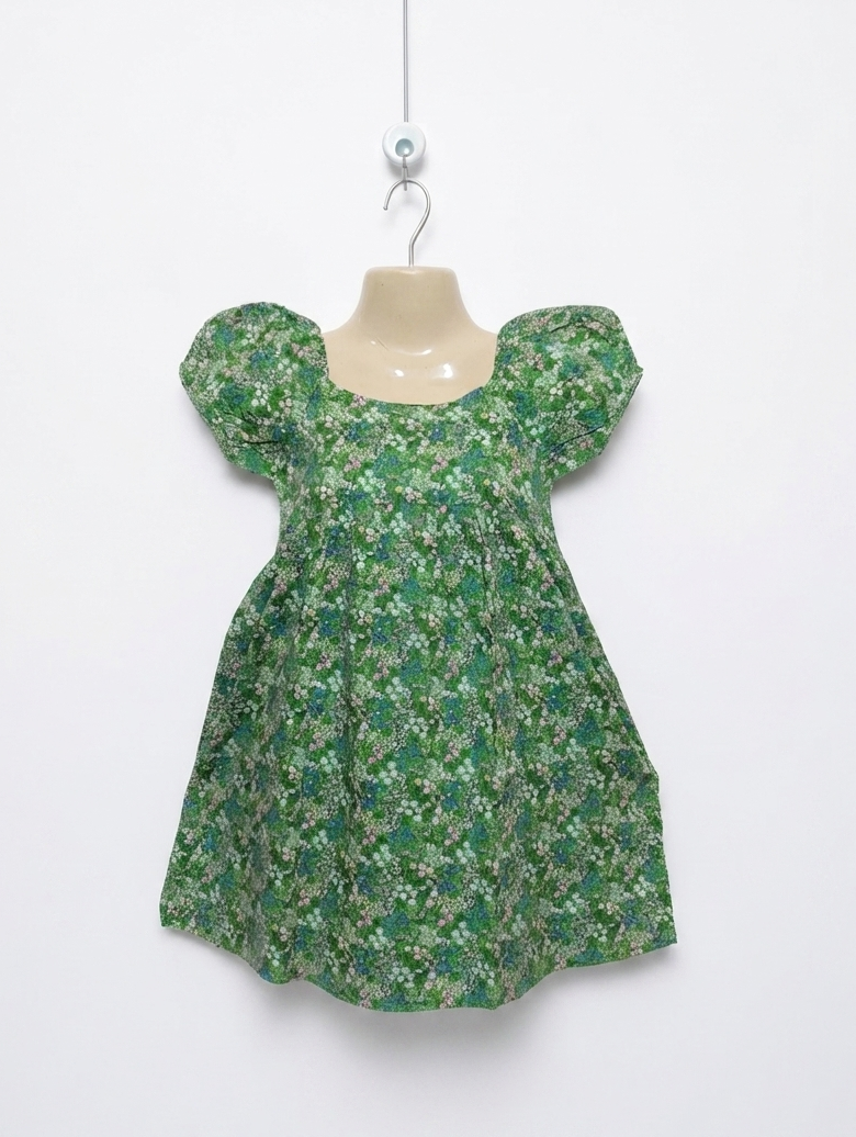 Janie and Jack Girls Green Floral Print Puff Sleeve Dress - Size 7 Estimated Age 7 Years AB2