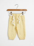 Zeeman baby clothes, yellow infant trousers, 6 months baby girl pants, Dutch baby brand, cotton baby bottoms, yellow pants with floral belt, Tiny Thrift Store kids, lightweight baby trousers.