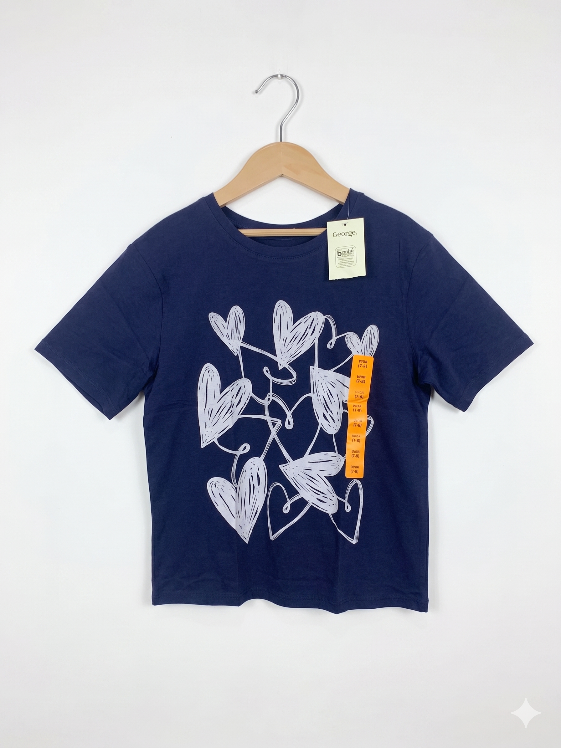 George Girls Navy "Scribble Hearts" Graphic Tee - Size Estimated Age 7-8 Years AB1