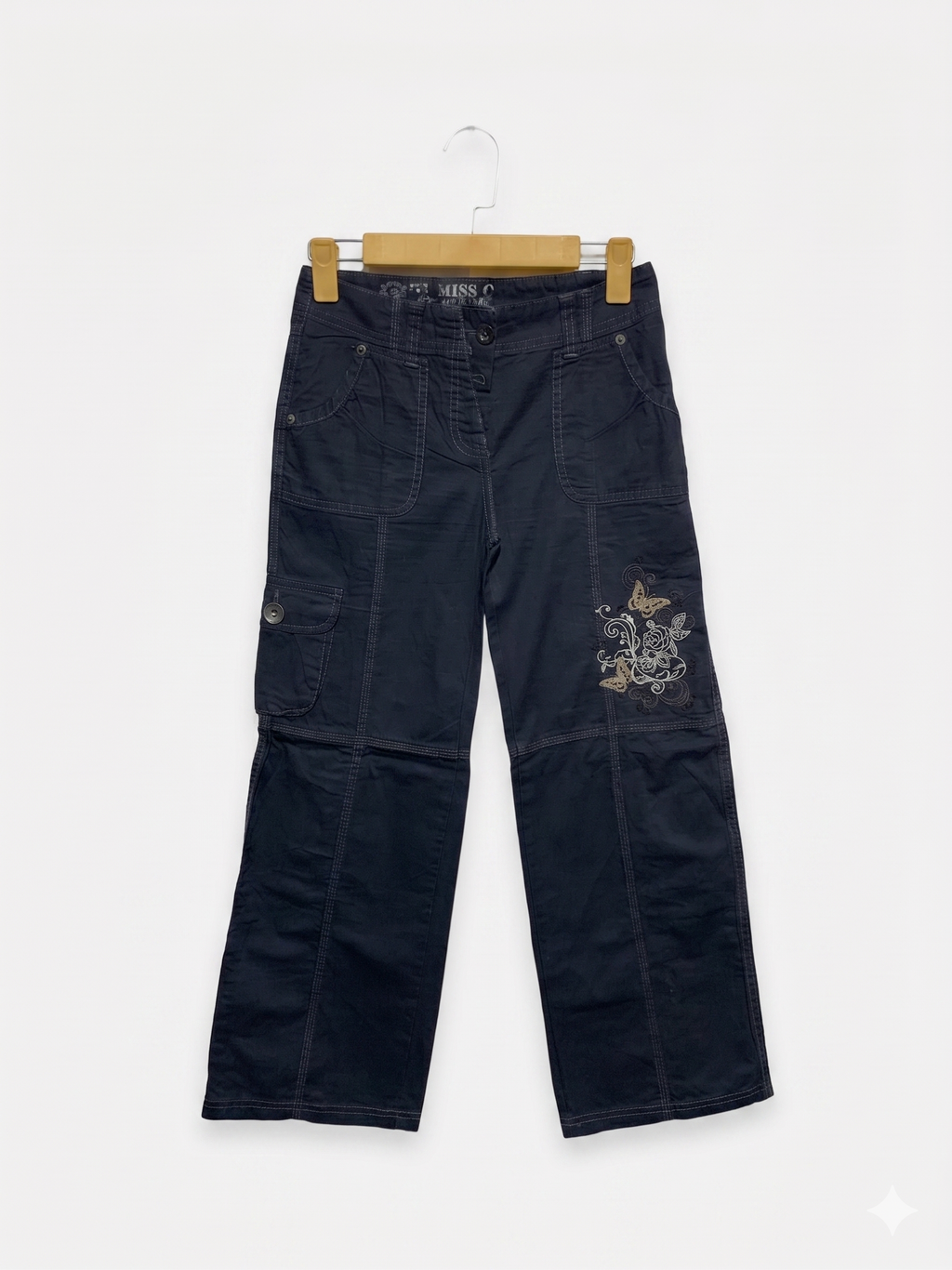 Cherokee Girls "Miss C" Black Wide-Leg Cargo Pants with Floral Embroidery - Size Estimated Age 10 Years AB1