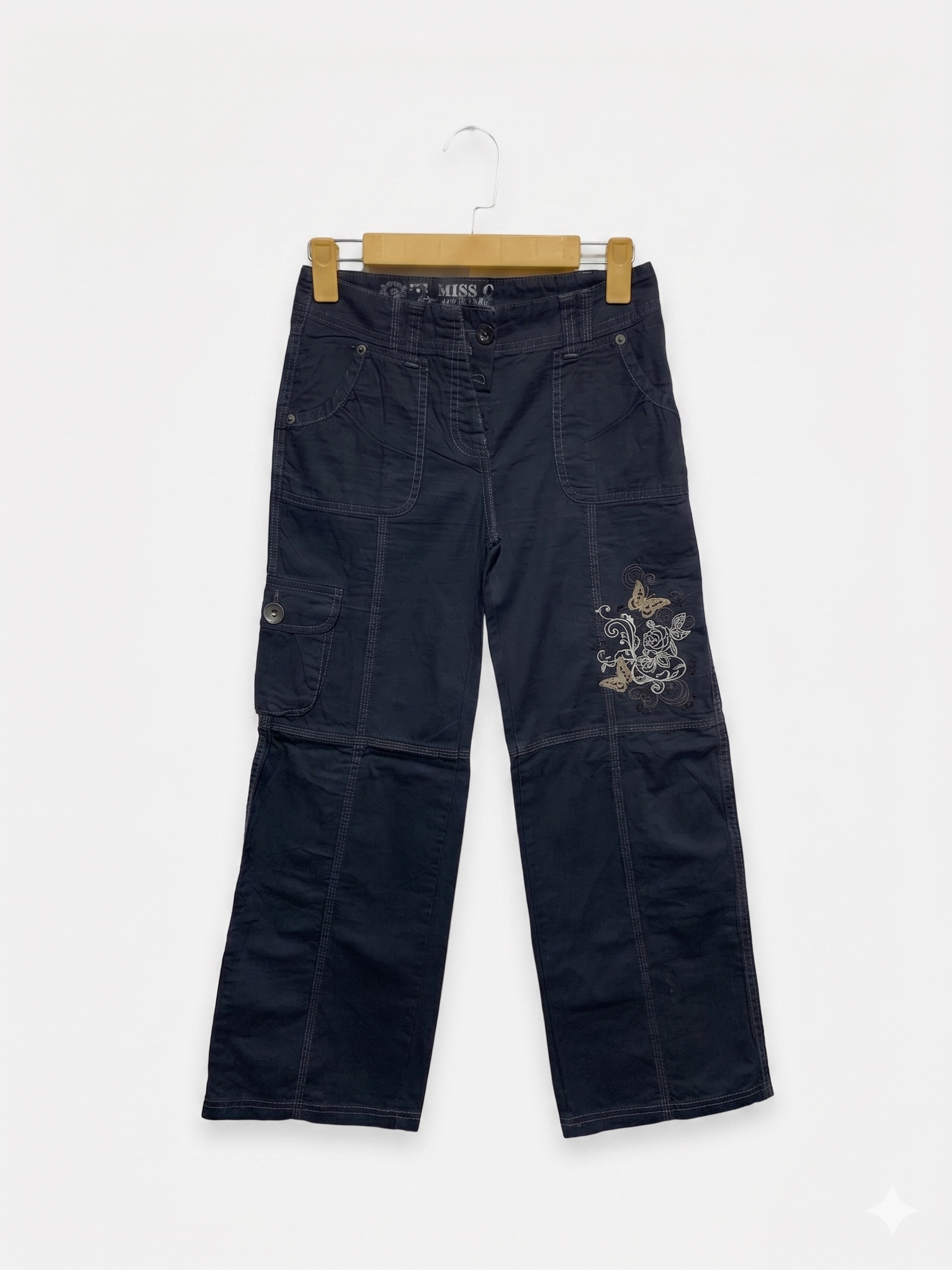 Cherokee Girls "Miss C" Black Wide-Leg Cargo Pants with Floral Embroidery - Size Estimated Age 10 Years AB1
