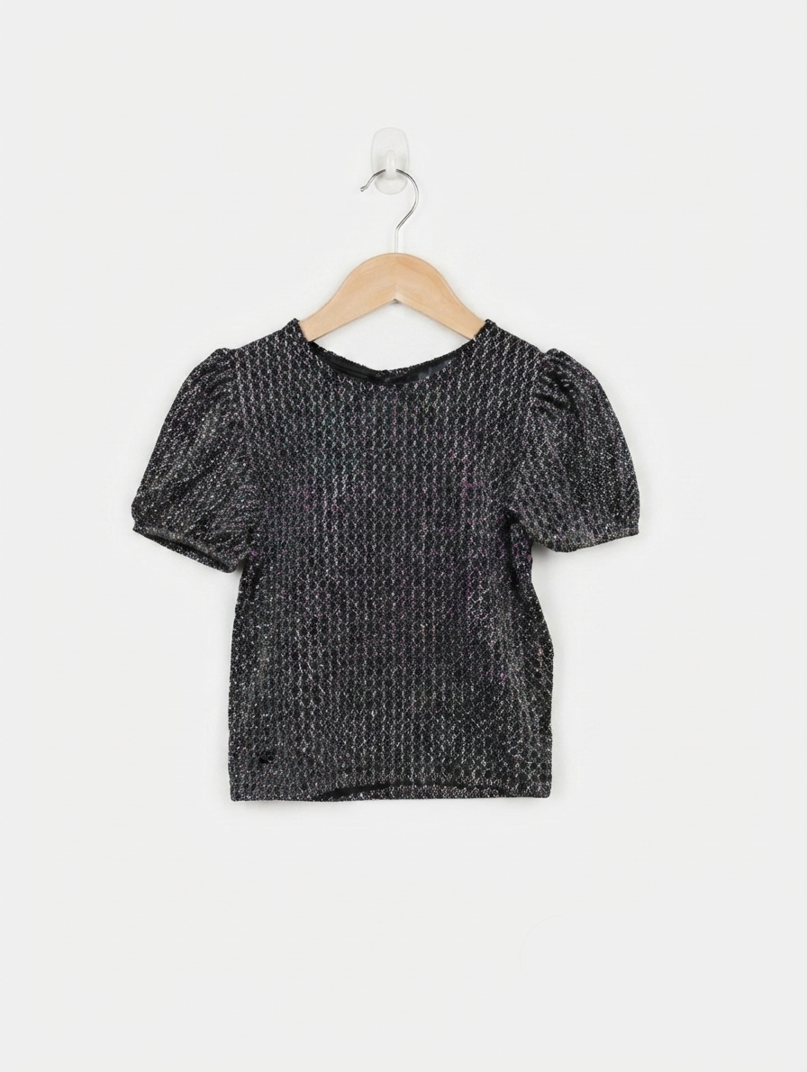 PRIMARK Girls Black and Silver Shimmer Puff Sleeve Top - Size 4-5 Yrs Estimated Age 4-5 Years AB3