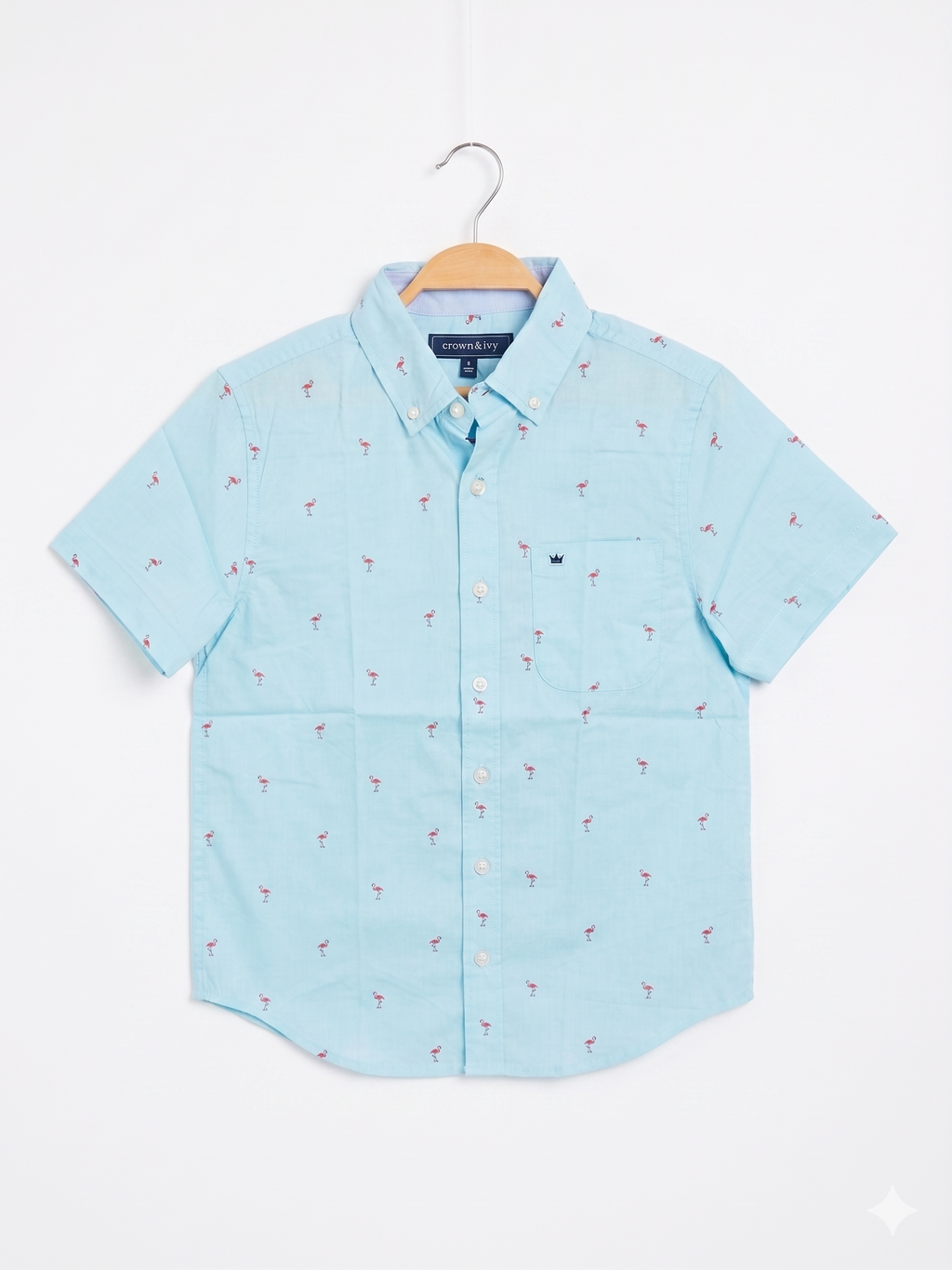 Crown & Ivy Boys Light Blue Flamingo Print Short Sleeve Button-Down - Size M (8-10) AB1