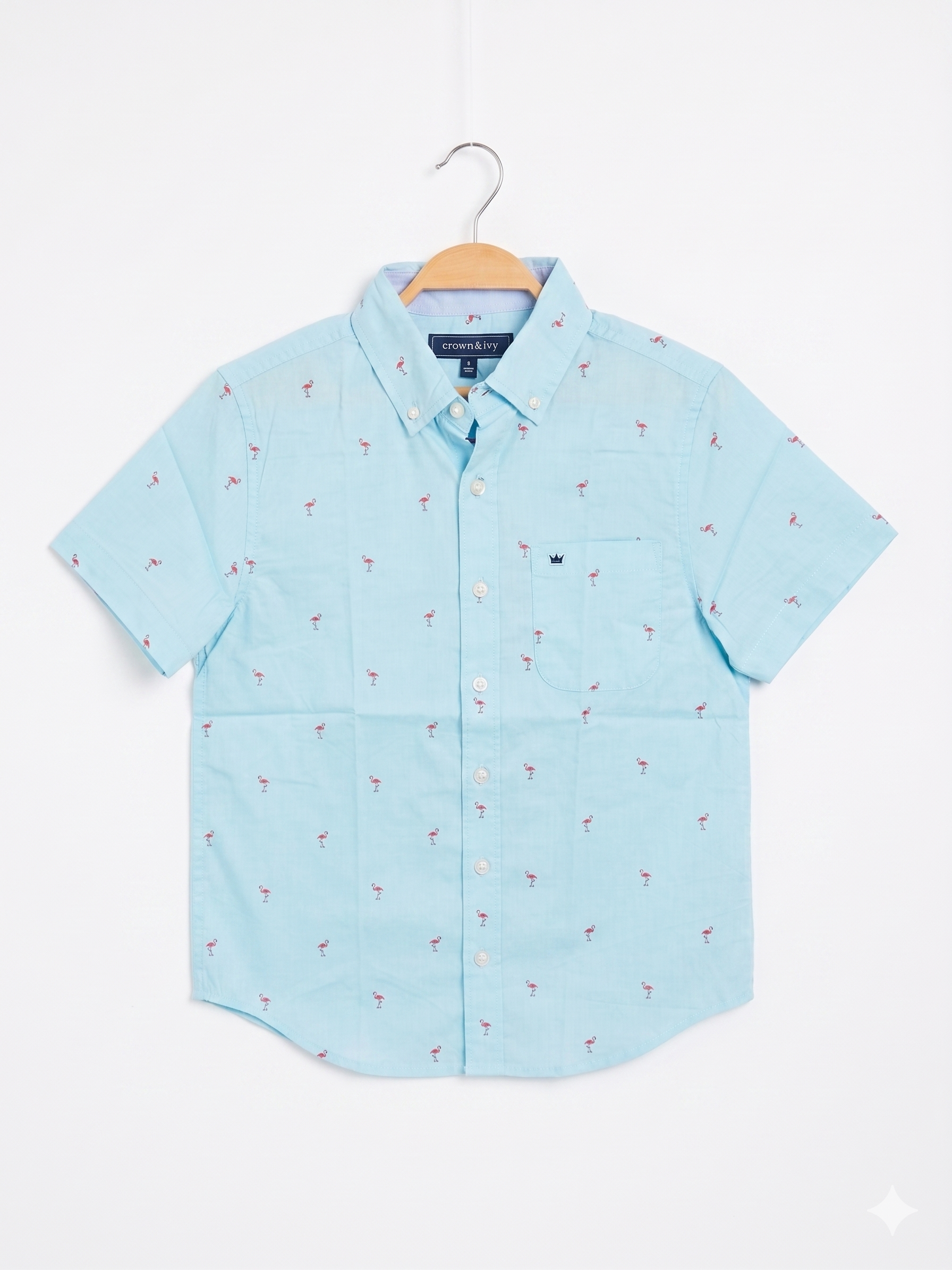 Crown & Ivy Boys Light Blue Flamingo Print Short Sleeve Button-Down - Size M (8-10) AB1