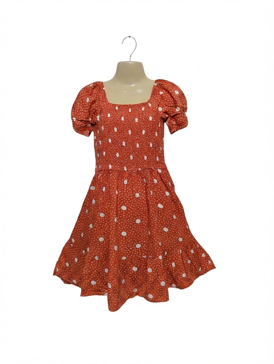 George Girls Rust Polka Dot Smocked Puff Sleeve Dress - Size Estimated Age 9-10 Years AB2