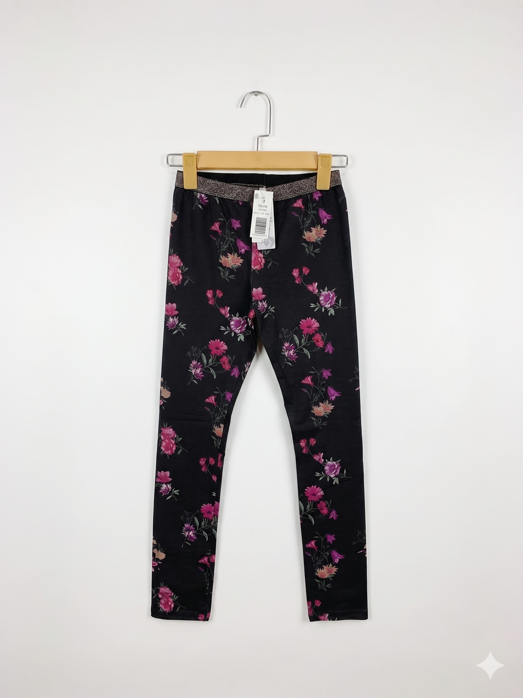 IDEXE Girls Black Floral Print Leggings with Glitter Waistband - Size Estimated Age 10-11 Years AB1