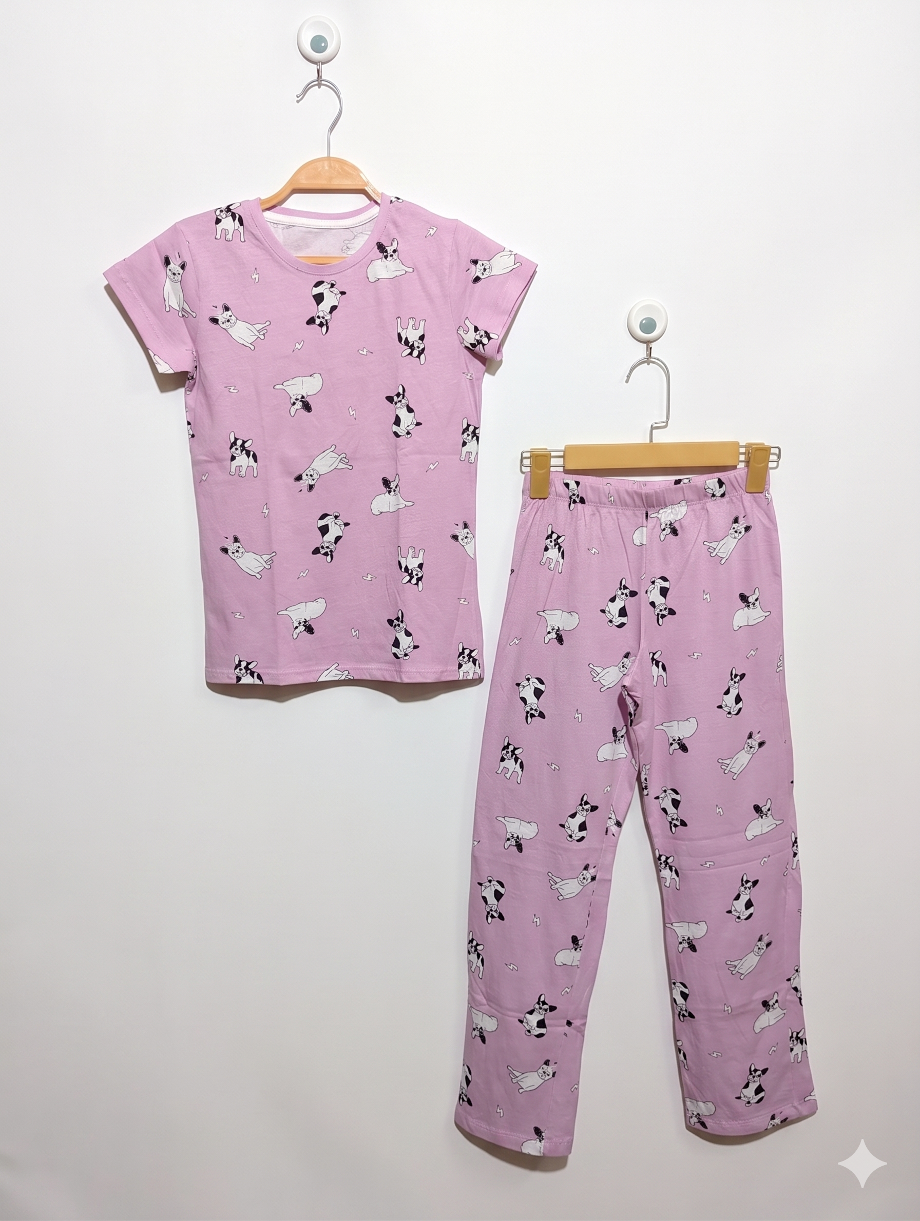 F&F Girls Pink French Bulldog Print T-Shirt & Pajama Set - Size Estimated Age 9-10 Years AB1