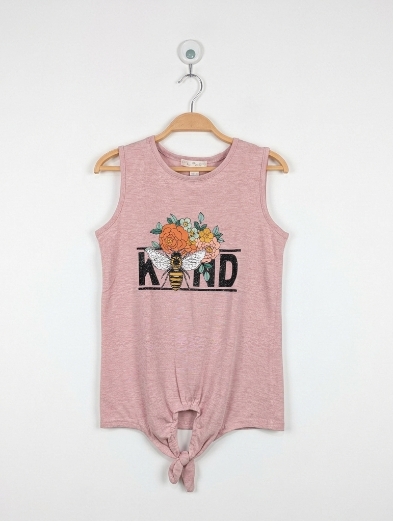 Marie Nicole Girls Pink "Floral Bee Kind" Sleeveless Tie-Front Tee - Size 6XL (Estimated Age 11-12 Years) AB2