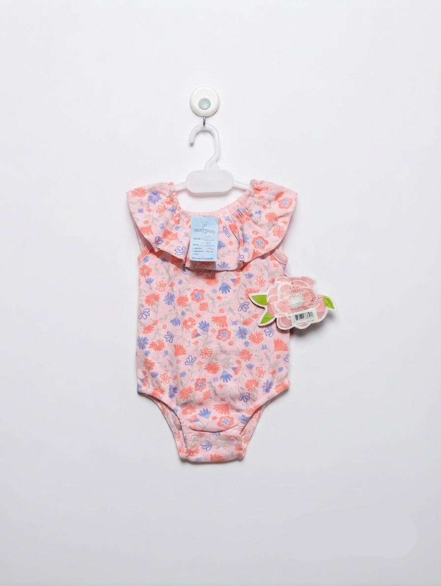 Little Beginnings Baby Girls Pink Floral Ruffle Bodysuit - Size 9 to 12 Months Estimated Age 12 Months AB2