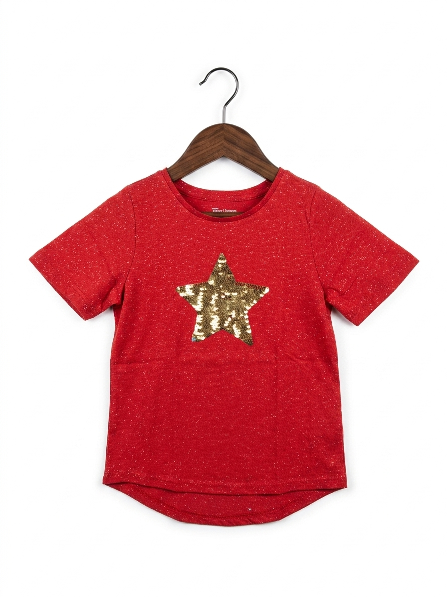 Nutmeg Girls' Red Sparkle Star Sequin T-Shirt - Size 5-6 Years AB1