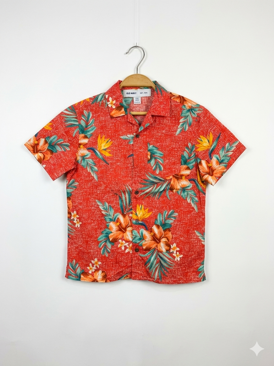 Old Navy Boys Tropical Floral "Built-in Flex" Short-Sleeve Button-Down Shirt - Size Estimated Age 6-7 Years AB1