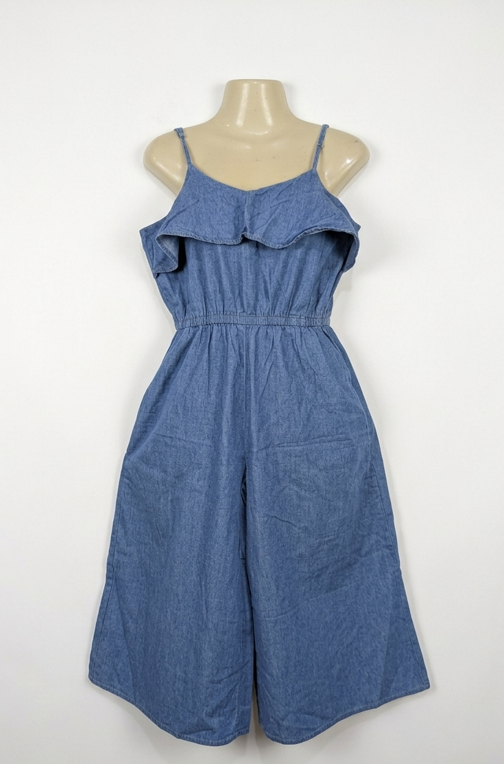 Ikka Girls Blue Denim Ruffle-Front Jumpsuit - Size Estimated Age 11-12 Years AB2