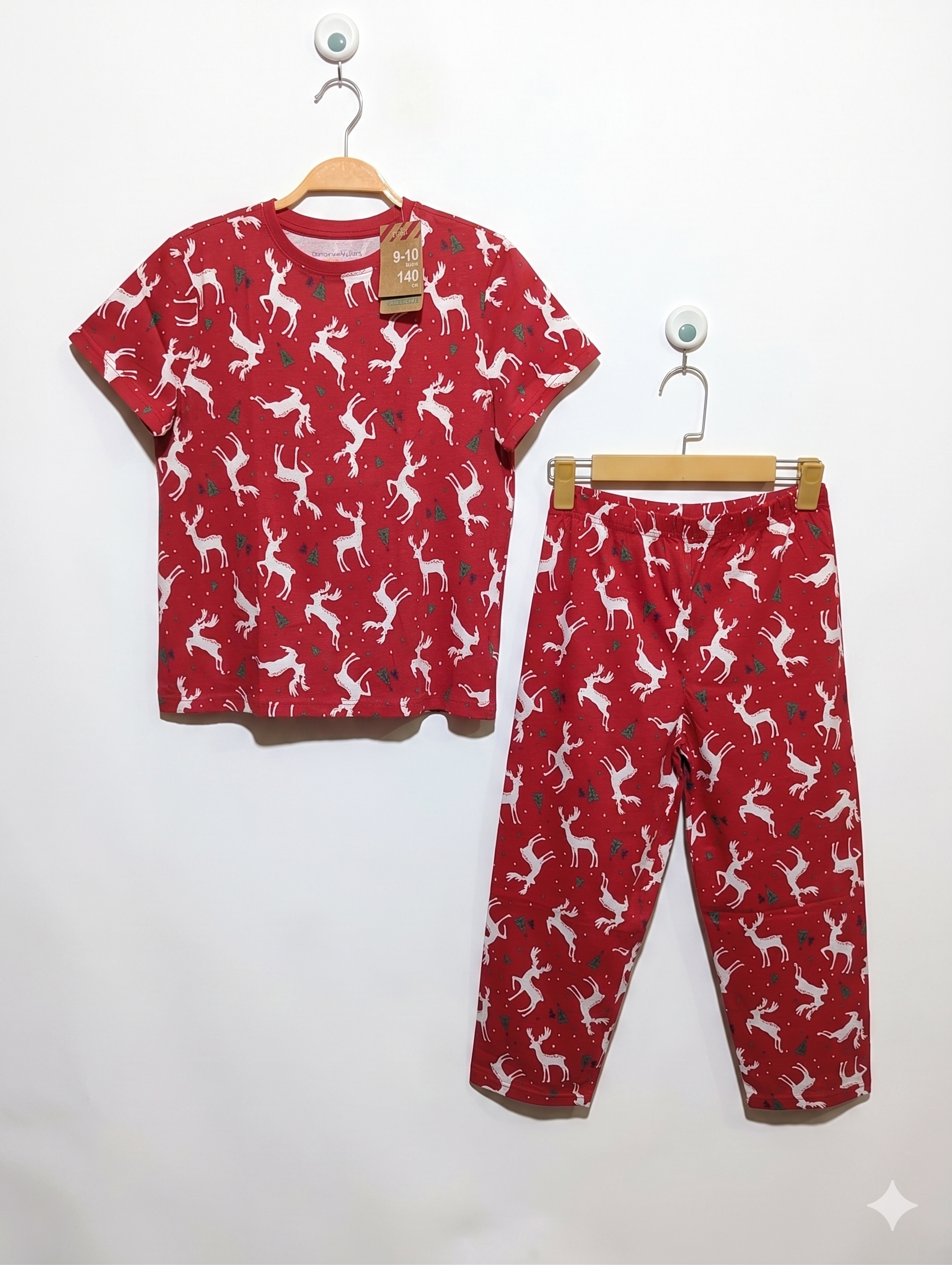 Primark Unisex Kids Red Christmas Reindeer T-Shirt & Pajama Set - Size Estimated Age 9-10 Years AB1