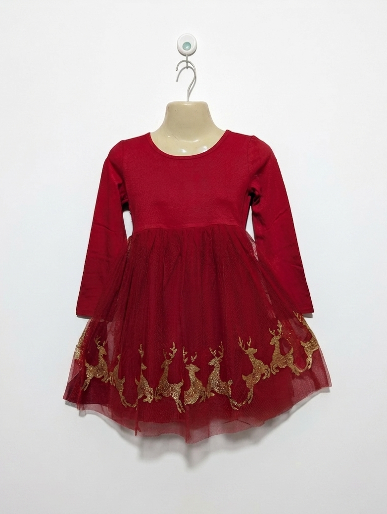 Wonder Nation Girls Red Festive Reindeer Tulle Dress - Size S (6-6X) Estimated Age 6 Years AB2