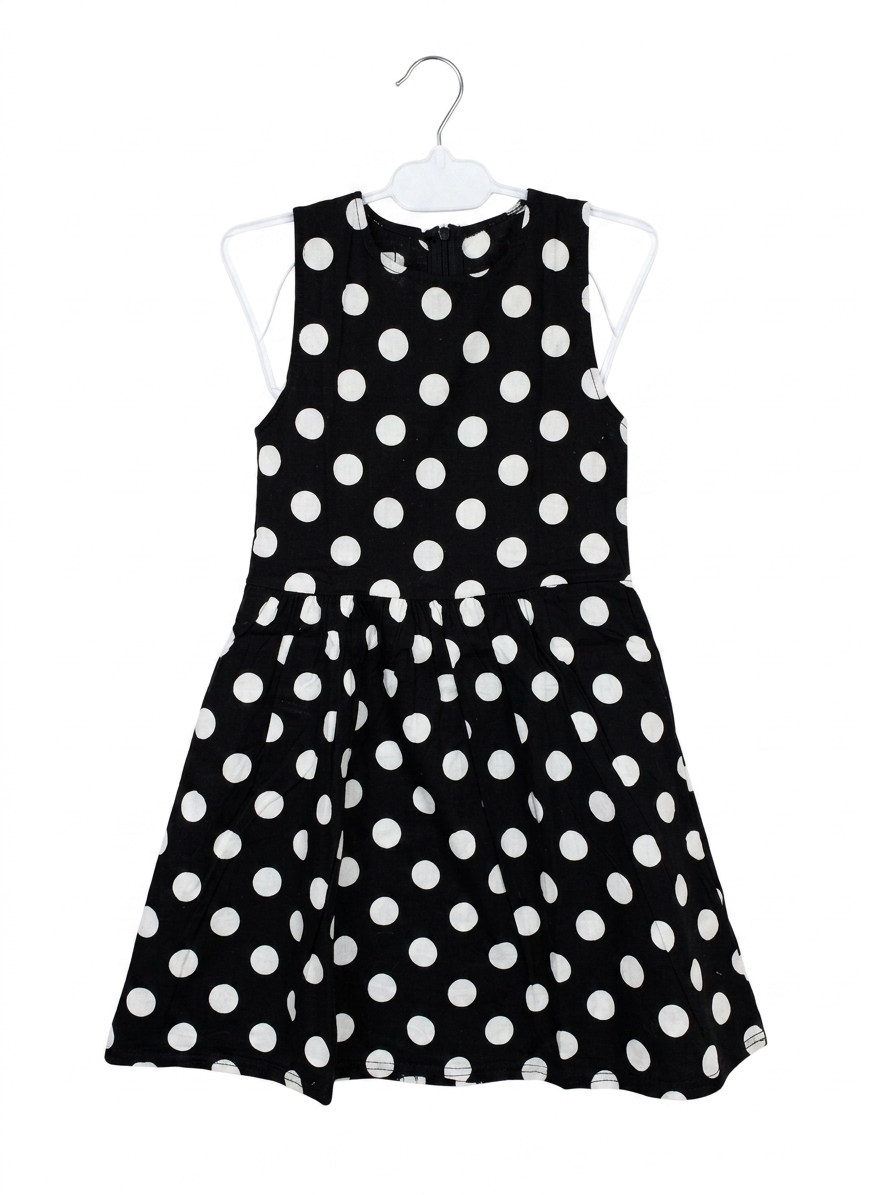 Qing Qing Fashion Girls Black & White Polka Dot Sleeveless Dress - Size Estimated Age 8 Years AB1