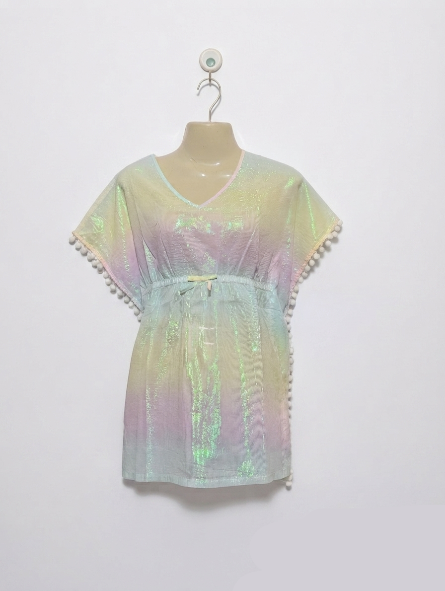 CAT & JACK Girls Pastel Rainbow Shimmer Pom-Pom Tunic Top - Size S (6/6X) Estimated Age 6-6.5 Years AB2