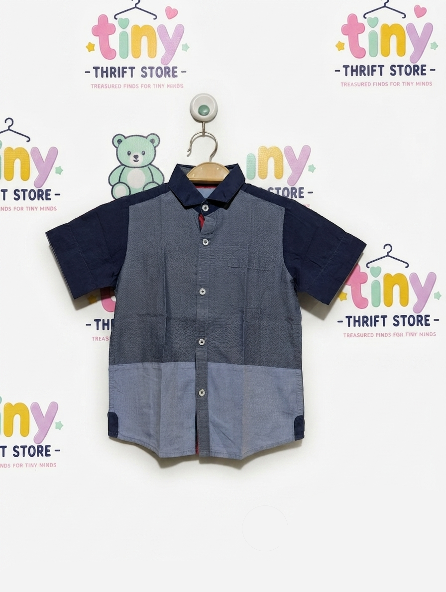 Next Boys Blue Color-Block Short Sleeve Button-Down Shirt - Size Estimated Age 4 Years AB2