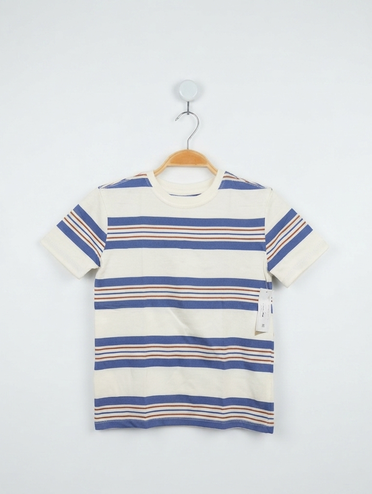 Wonder Nation Boys Cream & Blue Striped Tee - Size S (6-7) Estimated Age 6-7 Years AB2